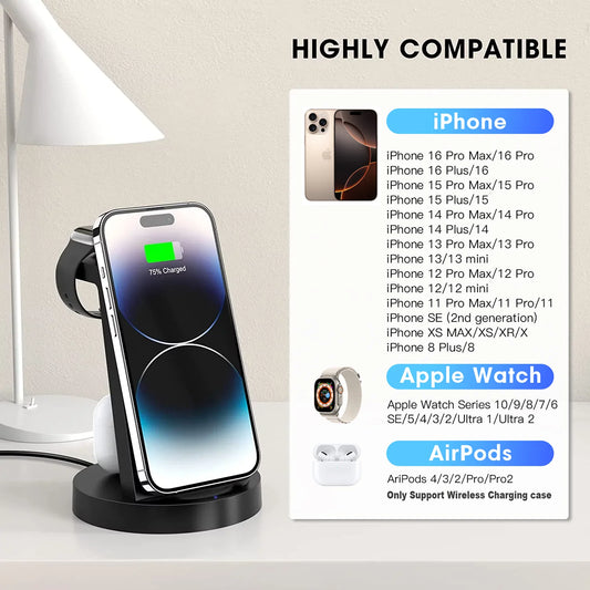 ETEPEHI 3 in 1 Charging Station for iPhone, Wireless Charger for iPhone 16 15 14 13 12 11 X Pro Max & for Apple Watch - Charging Dock for AirPods
