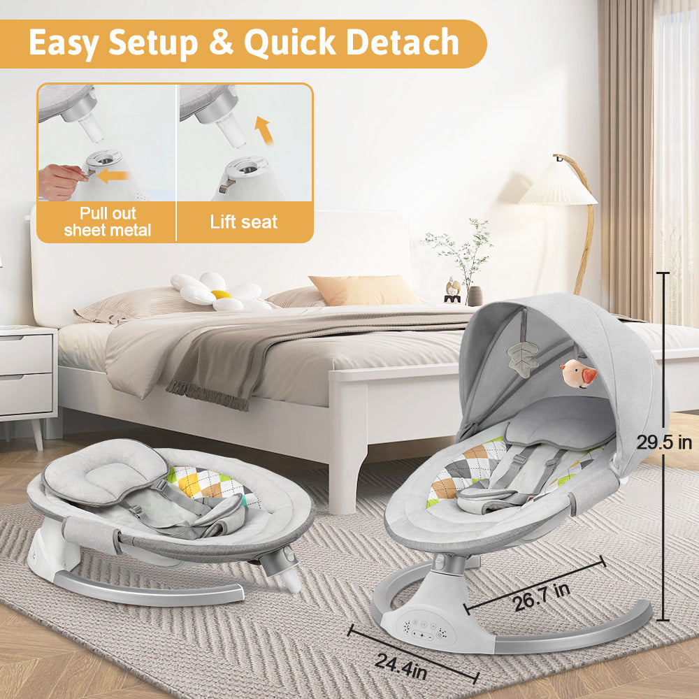 Baby Swing Chair for Infants, Baby Rocker with Dinner Plate, 5 Swing Speeds, Adapter Battery Operated, Indoor Outdoor, Grey