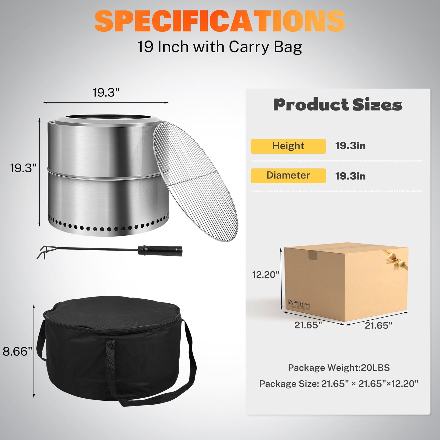 19 Inch Smokeless Fire Pit, 304 Stainless Steel Fire Pit with Carry Bag, Portable Smokeless Fire Pit with Removable Ash Pan, Wood Burning Fire Pits for Camping Backyard Patio Garden Picnic