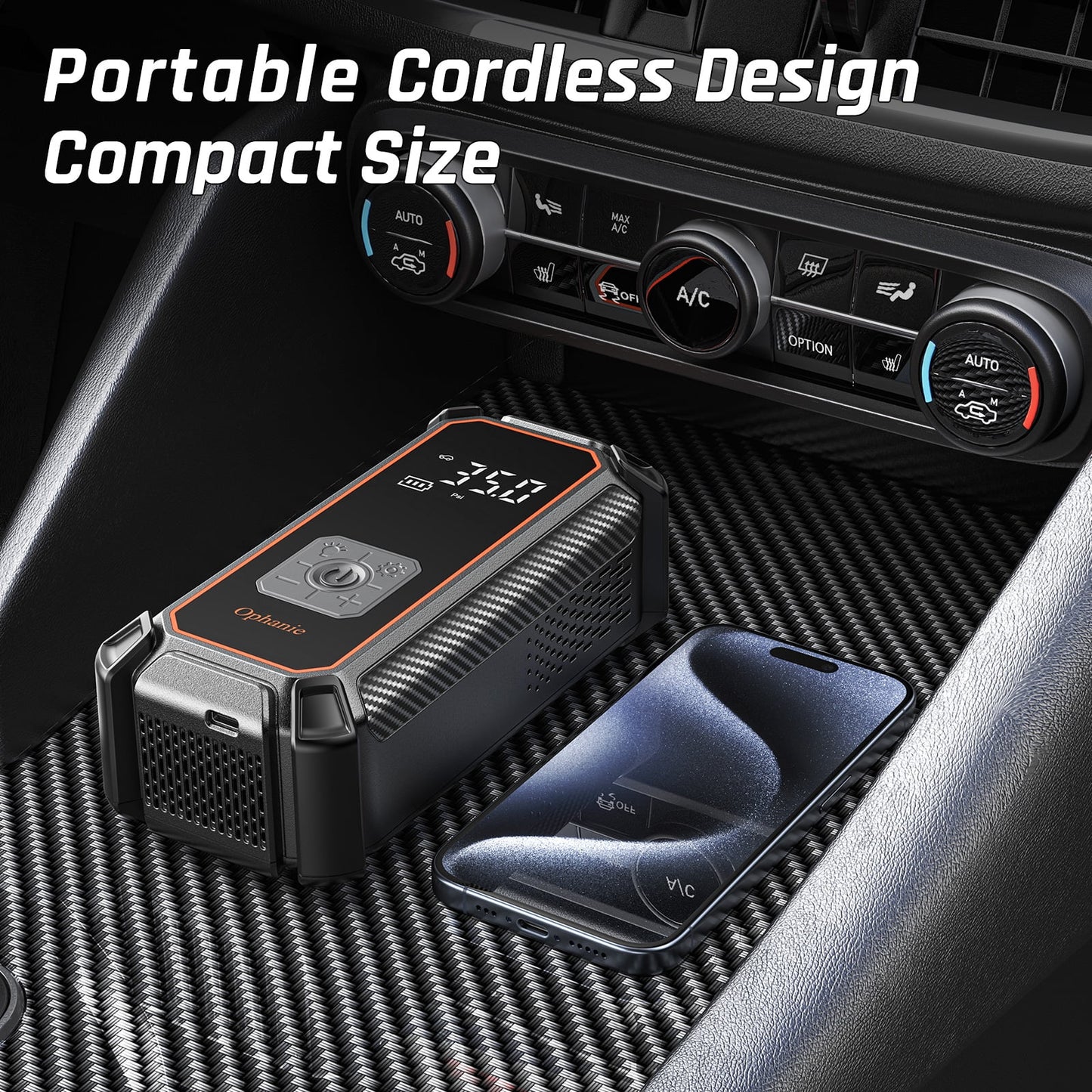 Ophanie Cordless Portable Tire Inflator - 160 Psi Digital Pressure Gauge, Air Compressor for Car Tires with Automatic Shutoff, Emergency LED Light, Compact Automotive Pump, Switchable Wired