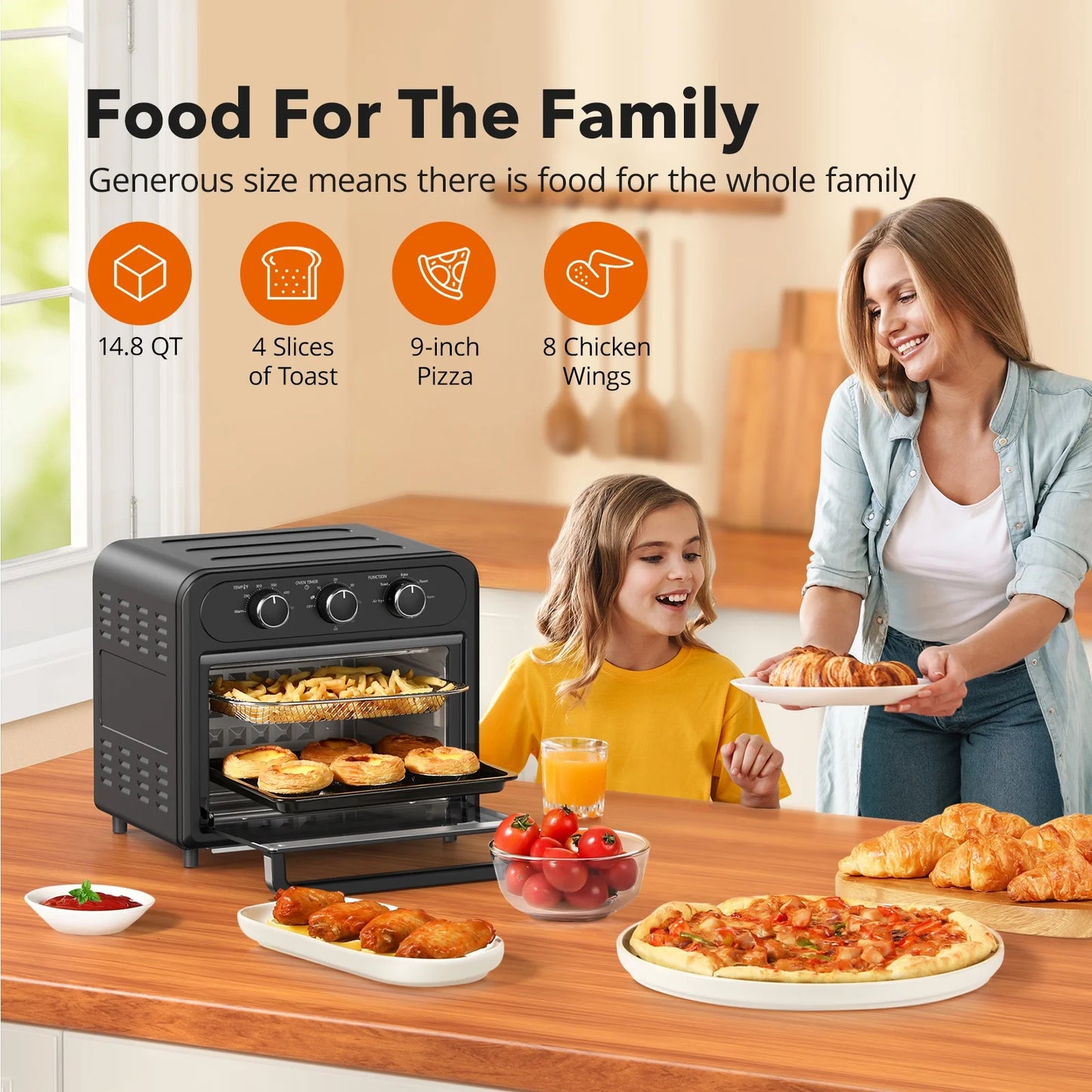 TaoTronics Air Fryer, 1700W 14.8 Quart, 5 in 1 Toaster Oven Countertop, Oil-Less Cooking, Stainless Steel, Black