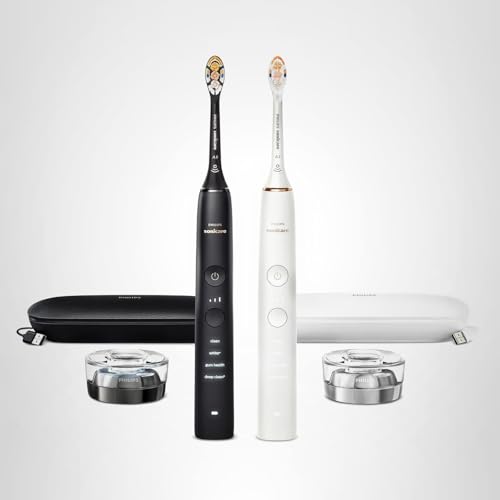 Philips Sonicare DiamondClean Connected Electric Toothbrush 2 Pack, x2 Sonic Toothbrushes, x2 Charging Travel Cases, x2 A3 Brush Heads, 12 Brushing Settings, (Black and Rose Gold) Model HX9912/71