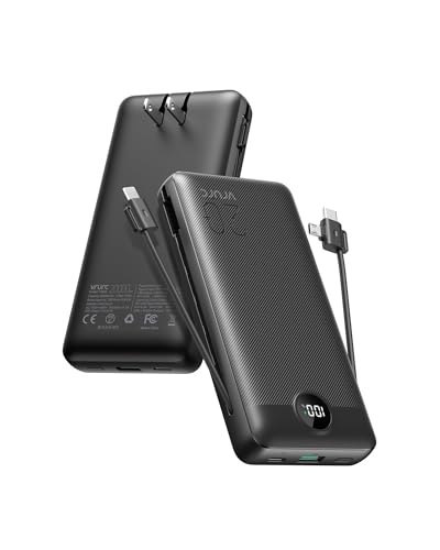 VRURC Portable Charger 20000mAh, Fast Charging Power Bank USB C,4 Output 2 Input Travel Essentials Charging Bank Equipped with LED Display,Built-in Wall Plug and Cables,Phone Charger Battery,Black