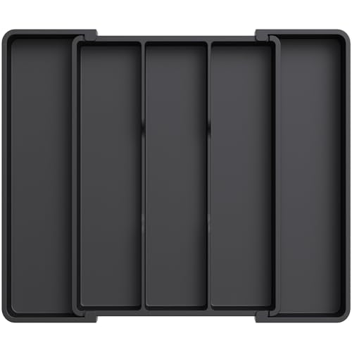 Lifewit Utensil Organizer for Kitchen Drawers, Expandable Cooking Utensil Tray, Adjustable Cutlery Silverware Flatware Holder, Plastic Spatula Tools Storage Divider, 11-18 x 14", Black