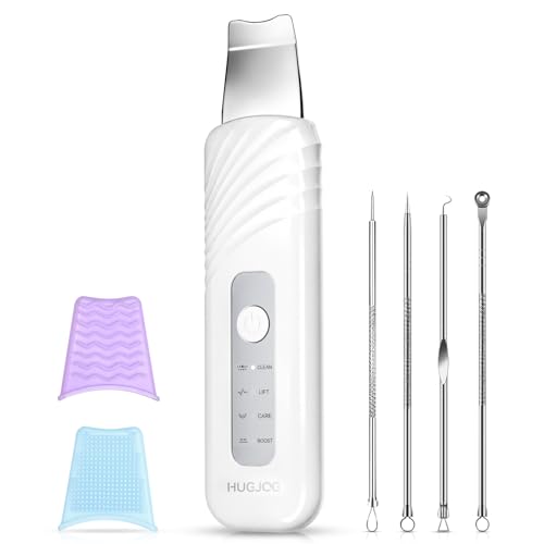 HUGJOG Blackhead Remover Tools, Face Scrubber Skin Spatula for Facial Cleansing, 4 Modes Pore Cleaner with 304 Stainless Steel Blade, Type-C Rechargeable, Silicone Face Brush, 4 Needles, PP Box