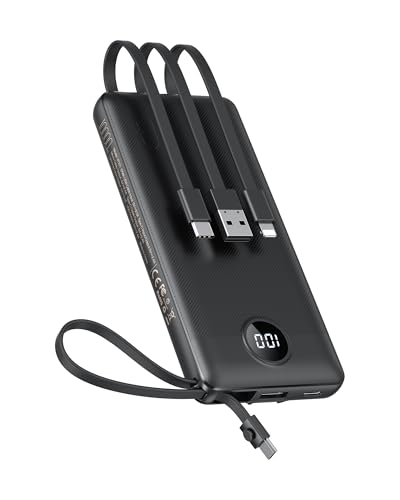 VEEKTOMX Portable Charger with 4 Built-in Cables — 10000mAh Slim Power Bank, USB-C Battery Pack with iPhone & Micro USB, TSA Approved Travel Charger for iPhone, Samsung, Android