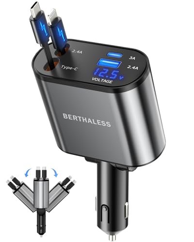 Retractable Car Charger,4 in 1 Fast Charging Car Charger with USB-C & USB-A