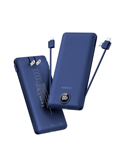 VEGER Portable Charger with Built-in AC Plug and Cables, All in One 10000mAh Ultra Slim Power Bank Travel Essentials, USB C External Battery Pack Compatible with iPhone, Samsung, More, Navy