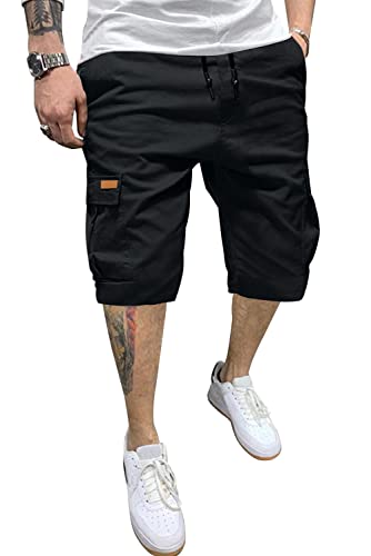 JMIERR Mens Casual Twill Cargo Shorts Cotton Drawstring Classic Cargo Chino Stretch Short with 6 Pockets for Men, US36(L), A Black