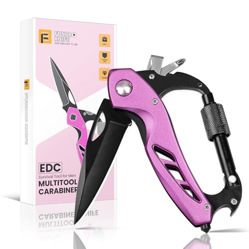 FUNBRO Pink Multitool Carabiner, Stocking Stuffers Gifts for Mom Women Wife, 6-in-1 Keychain Multi Tools with Window Breaker, Bottle Opener and Screwdriver, EDC Gear Gadget for Camping Hiking