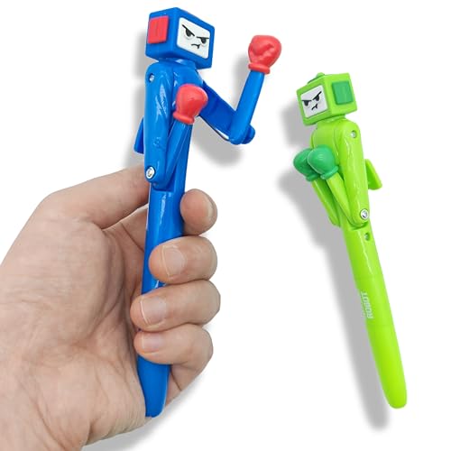 NANYKZ Boxing Pen Robot - (2PCS) with Punching Arm and Crisp Button Sound - Funny and Cool Novelty Pen - Boxing Gifts - Blue/Green Colors - 1.0mm Smooth Writing