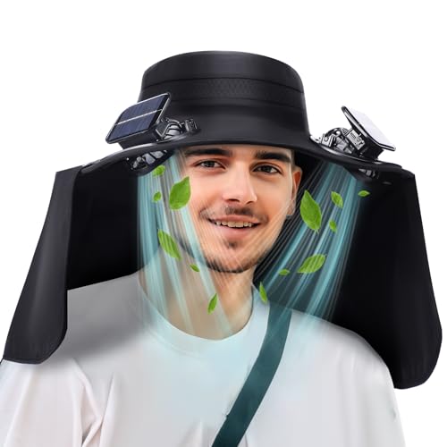 Chuarry Solar Powered Wide Brim Sun Hat with 2 Fan Outdoor USB Charging Fishing Hat with Neck Flap for Men Women Hiking(Black)