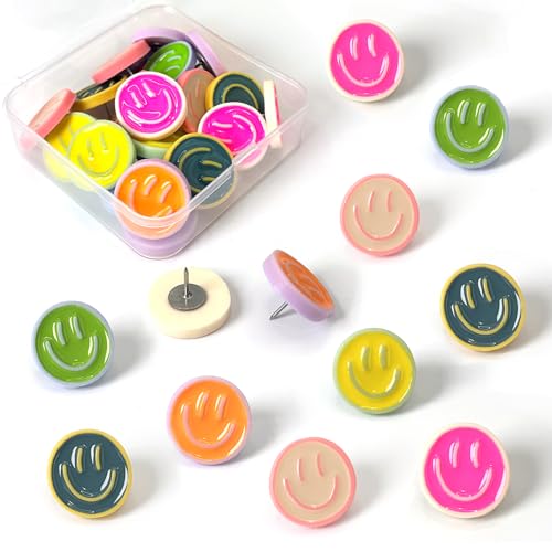 24 Smiley Face Decorative Push Pins, Cute Bulletin Board Push Pins, Thumbtacks for Cork Boards, Office Organization, or Home Décor (24-Colourful)