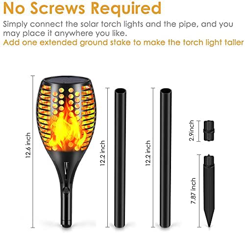 Solar Flame Light, 43’ Flashing Flame Flashlight Outdoor Waterproof Landscape Decorative Lighting Dusk to Dawn Auto On/Off Safety Flame Lights for Patio Garden Path Driveway 4 packs (Round hole flame)