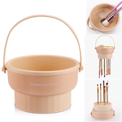 GOLIKEE Makeup Brush Cleaner Mat 3 in 1 Silicone Makeup Brush Cleaner Bowl Cosmetic Brushes Cleaning Tool Organizer for Storage and Air Drying(Khaki)