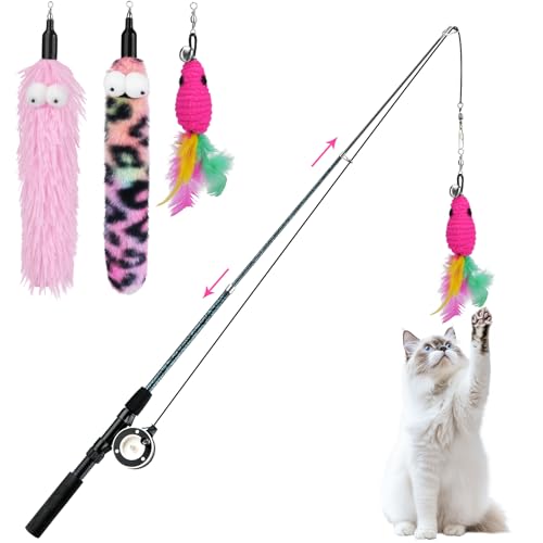 Pawaboo Cat Teaser Wand Toys, Cat Fishing Pole Toy with 3 PCS Feathers