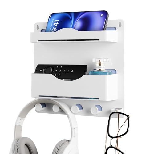 JUMEIHUI Bedside Wall Shelf with Glasses Hooks, Adhesive Bedside Organizer Wall Mount for Dorm and Room Accessories Phone, Remote, Earphone, Kindle (White)