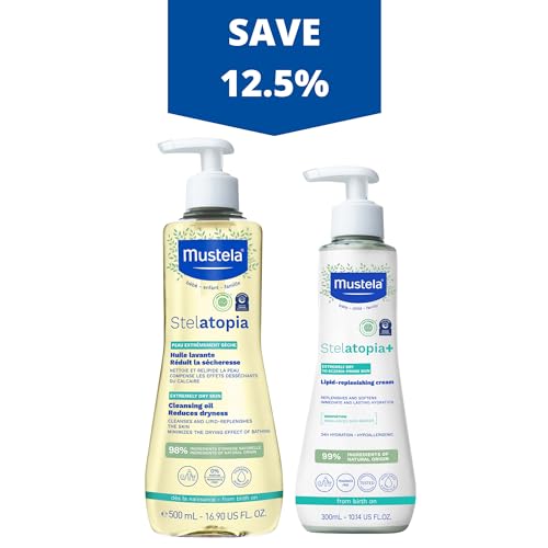Mustela Stelatopia Eczema-Prone Skin Bath Time Gift Set - Family Skin Care Essentials - Natural Avocado & Sunflower Oil - EWG Verified - 2 Items Set - Stelatopia Cleansing Oil and Stelatopia+ Cream