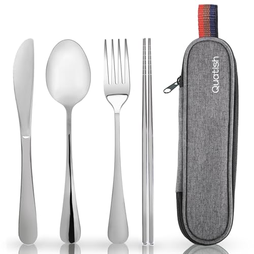 Travel Utensils with Case, Quatish Portable Silverware Set for Work, Stainless Steel Reusable Travel Cutlery, Fork and Spoon Set for Camping, Picnic, Gadgets, Lunch Box for Men, Christmas Gift, Silver