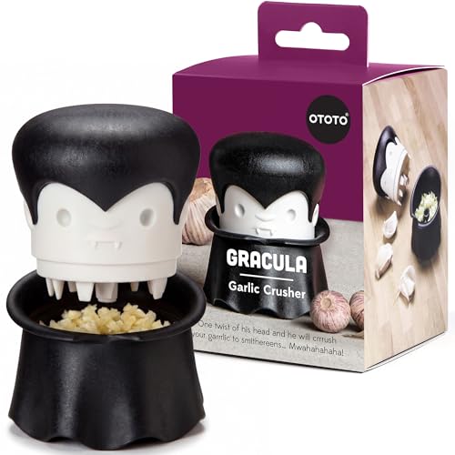 OTOTO Gracula Garlic Crusher, Garlic Mincer, Also for Ginger, Nuts, Chili, Herbs - Twist Top Mincer & Easy Squeeze Manual Press Peeler, Goth Gifts