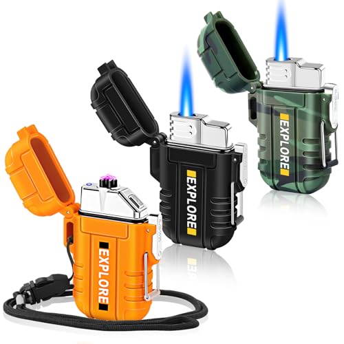 LcFun 3 Pack Waterproof Outdoor Lighter, Windproof Torch Lighters Butane Refillable, Electric Dual Arc Plasma Lighter USB Rechargeable, Camping Hiking Survival Tactical Gear Gadgets for Men