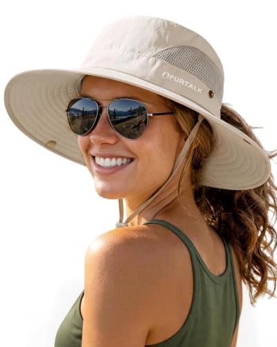 FURTALK Womens Sun Hat with Ponytail Hole Beach Hiking Summer Wide Brim UPF 50+ Outdoor Protection Foldable Bucket Hat Beige, One Size