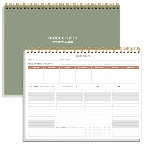 Weekly Productivity Planner - 8.5" x 11" Dashboard Desk Notepad Has 6 Focus Areas to List Tasks for Goals, Projects, Clients, Academic or Meal-Organize Your Daily Work Efficiently, 54 Weeks, Green