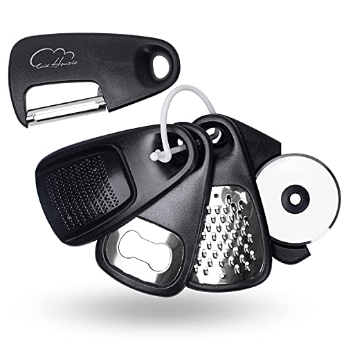 Kitchen Gadgets Set 5 Pieces, Space Saving Cooking Tools Kitchen Accessories - Fruit/Vegetable Peeler, Cheese/Chocolate Grater, Bottle Opener, Pizza Cutter, Garlic/Ginger Grinder Gift Set (Black)