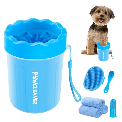 Professional 7 in 1 Dog Paw Cleaner for Dogs & Cats - Includes 1 Portable Paw Washer, 1 Bath Brush, 2 Dog Toothbrushes and 3 Absorbent Towels Note: Fits Paws up to 2 Inches Wide (Small, Blue)