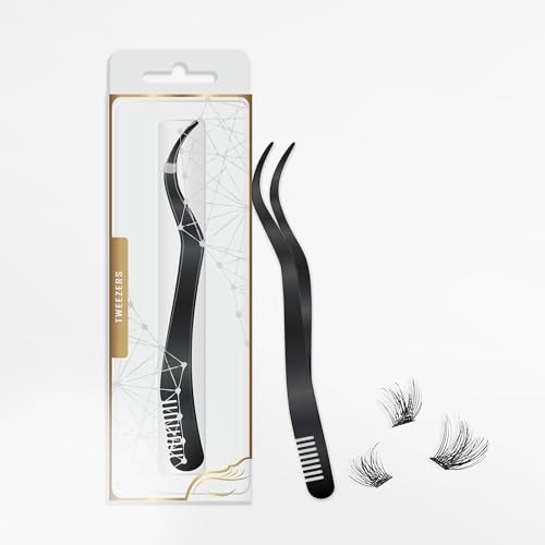 2 in 1 Lash Extension Tweezers with Comb, Stainless Steel Elbow Eyelash Extension Tweezers, Eyelash Tweezers for Lash Extensions, Precise Eyebrow Tweezers Tool for DIY False Eyelashes Clusters, Black