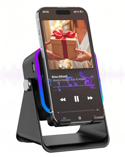 Gifts for Men Tech Gadgets Wireless Induction Speaker with Phone Stand, 5-in-1 Bluetooth Speaker with RGB Light, Adjustable Desk Phone Holder with Emergency Charging for Home Office Kitchen Use