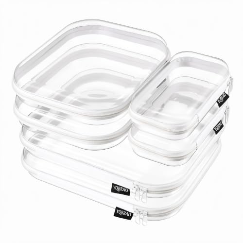 YQBRAO 6 Pack Clear Hard Shell Zipper Case, 1.2mm Heavy Duty Crush-Proof Diaper Bag Organizer Pouches, TSA Approved Travel Makeup Bag for Toiletries & Electronics, (2L, 2M, 2S) Multi-Size Storage Set