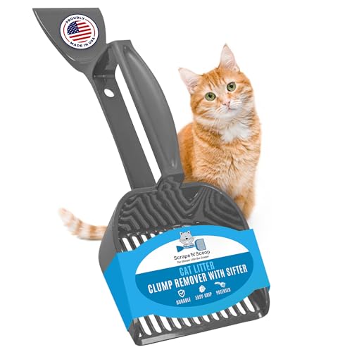 SCRAPE 'N' SCOOP Cat Litter Clump Remover with Sifter – Litter Box Scooper & Scraper 2 in 1 for Litter Tray, Potty, & Litter Pan - Animal Waste Cleaner Tool - Pet Accessories & Supplies - Grey
