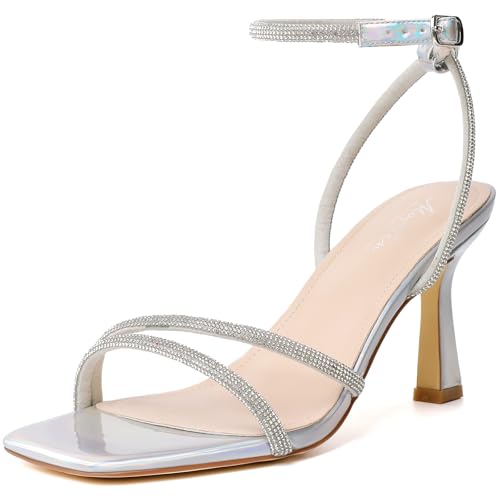 Mostrin Silver Strappy Rhinestone Heels for Women Ankle Strap Lace Up Square Open Toe Heels Stiletto High Heeled Sandals for Wedding, Prom, Party, Daily Size 8