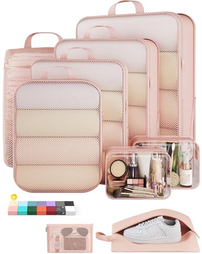 Veken 9/11 Set Compression Packing Cubes Garment Bags for Travel Essentials, Compressible Expandable Luggage Organizer Bags (Beige)