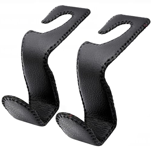EldHus Headrest Hooks for Purses and Bags, 2 Pack Car Seat Hooks for Grocery Bag Handbag, Metal Car Purse Holder Covered by Leather, Black