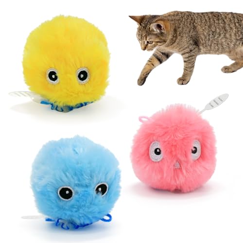 3 Pack Fluffy Cat Toy Ball, Interactive Chirping Plush Cat Toy with 3 Lifelike Animal Chirps & Refillable Catnip for Indoor Kitten & Small Pets