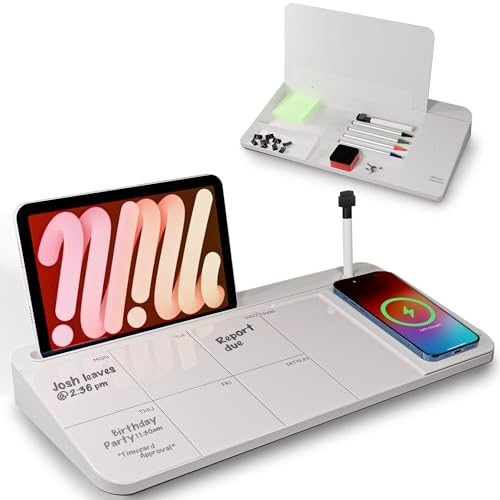 NEXTLUXE Glass Desk Whiteboard with Wireless Charger - Desktop Whiteboard with Storage, Weekly Planner, Dry Erase Pad, Organizer Drawer for Home, School, Office Gadgets - White