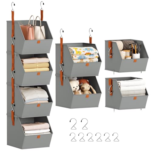 Homsorout Hanging Closet Organizer 4 Tier - Clothes Hanging Shelves, Space-Saving Closet System, Fabric Storage Bins Bedroom Organization, Collapsible Baskets for Home, Dorm, Rv, Grey