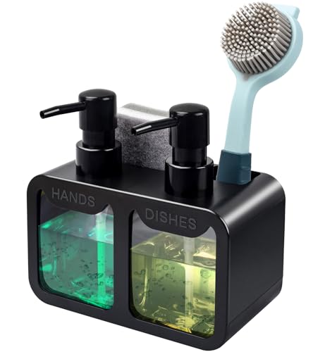 Kitchen Hand Soap and Dish Soap Dispenser Set, Dual Soap Dispenser with Sponge Caddy and Brush Holder 4-in-1 Organizer for Kitchen Sink Countertop, Useful Kitchen Gadgets - Black