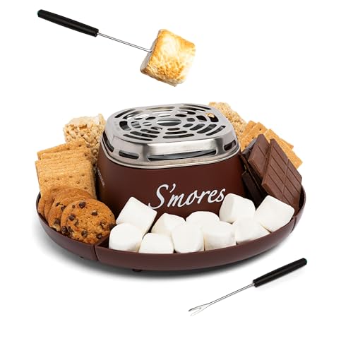 Nostalgia Tabletop Indoor Electric S'mores Maker - Smores Kit With Marshmallow Roasting Sticks and 4 Trays for Graham Crackers, Chocolate, and Marshmallows - Movie Night Supplies - Brown