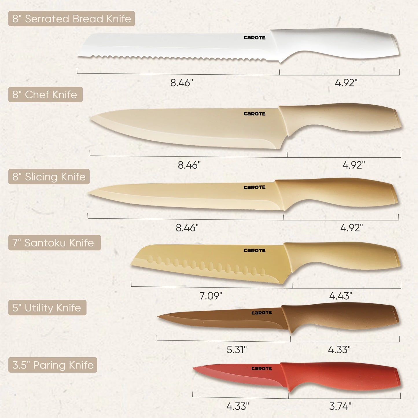 CAROTE 12 Pcs Kitchen Knife Set with Paring Knife, Stainless Steel with Creamic Coating, Dishwasher Safe