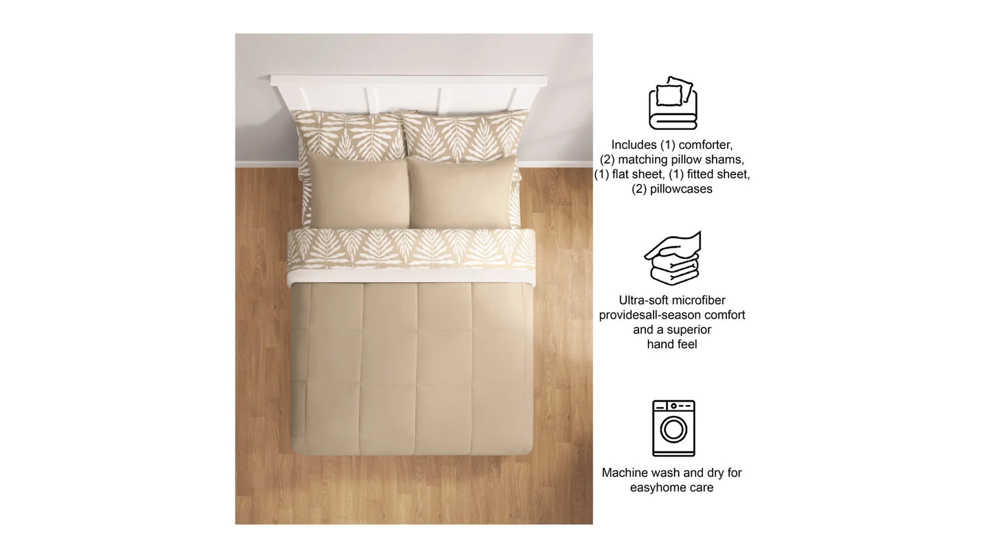 Mainstays 7 Piece Reversible Bed in a Bag Comforter Set with Sheets, Beige Palm, Full