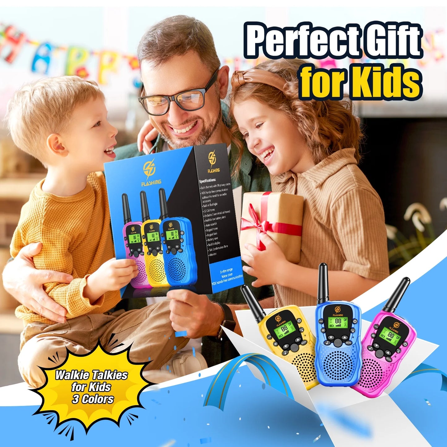Kids Walkie Talkies 3 Packs, 2 Way Radio, 3 KM Long Range, Clear Sound 22 Channels Indoor Outdoor Toy for Boys Girls 3-12 Years Old Kids Gifts