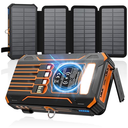 SOARAISE Solar Charger Power Bank - 48000mAh Wireless Portable Charger Built-in 4 Cables and 4 Solar Panels, PD QC 3.0 Fast Charging USB C Battery Pack with Flashlight for Camping Travel