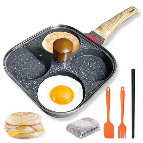 4‑Cup Nonstick Egg Pan Set with Lid – Aluminum Omelette Skillet for Breakfast, Includes Silicone Scraper, Oil Brush, Chopsticks & Cleaning Cloth – Compatible with Gas & Induction Cooktops (Black)