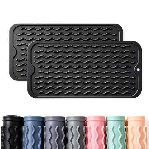 2 Pack Caketime Silicone Dish Drying Mat for Kitchen Counter Easy to Clean Quick Dry Near Faucet Under Sink Bathroom Vanity Tray Small Gadgets Rack Home Decor Essentials 12"x6" Black