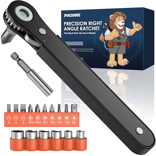 Right Angle Screwdriver Mens Gifts - 90 Degree Offset Ratcheting Screwdriver Pocket Mini Low Profile Ratchet Wrench Bit Socket Set for Tight Space Cool Gadgets EDC Gear Tool Stocking Stuffers for Men
