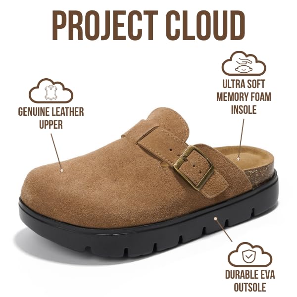 Project Cloud Genuine Leather Platform Clogs for Women Footwear - Memory Foam Arch Support Cork Footbed Casual Shoes & Mules for Women 2025 (Benton Chunky, TAN, 7.5)