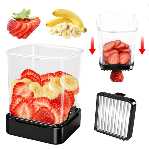 GENGCANG Fruit Slicer Cup for Strawberry, Banana, Hard-Boiled Egg - Detachable Cutter with Push Plate - 304 Stainless Steel Blade - Rapid & Safe Slicing Kitchen Gadget for Quick Meal Prep (Black)